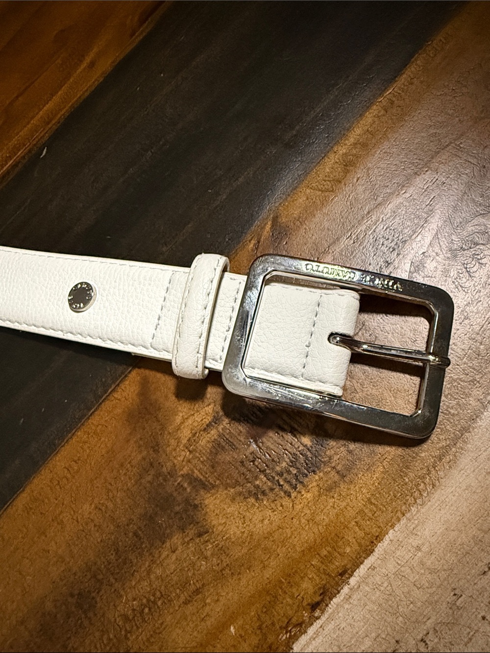 Vince Camuto White Leather Belt with Silver Buckle